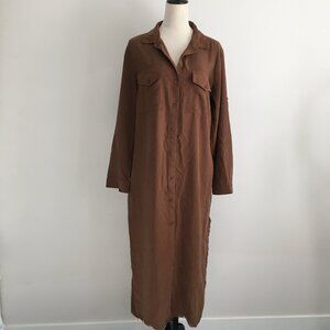 BELLA DAHL Anthropologie Brown Fringe Slit Hem Button Shirt Maxi Dress